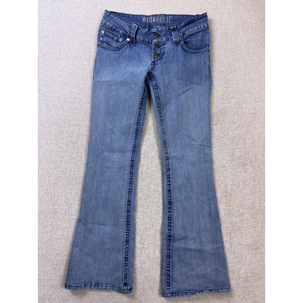 Y2K Hydraulic Womens Low Rise Flare Jeans Medium Wash Triple Button Size 7